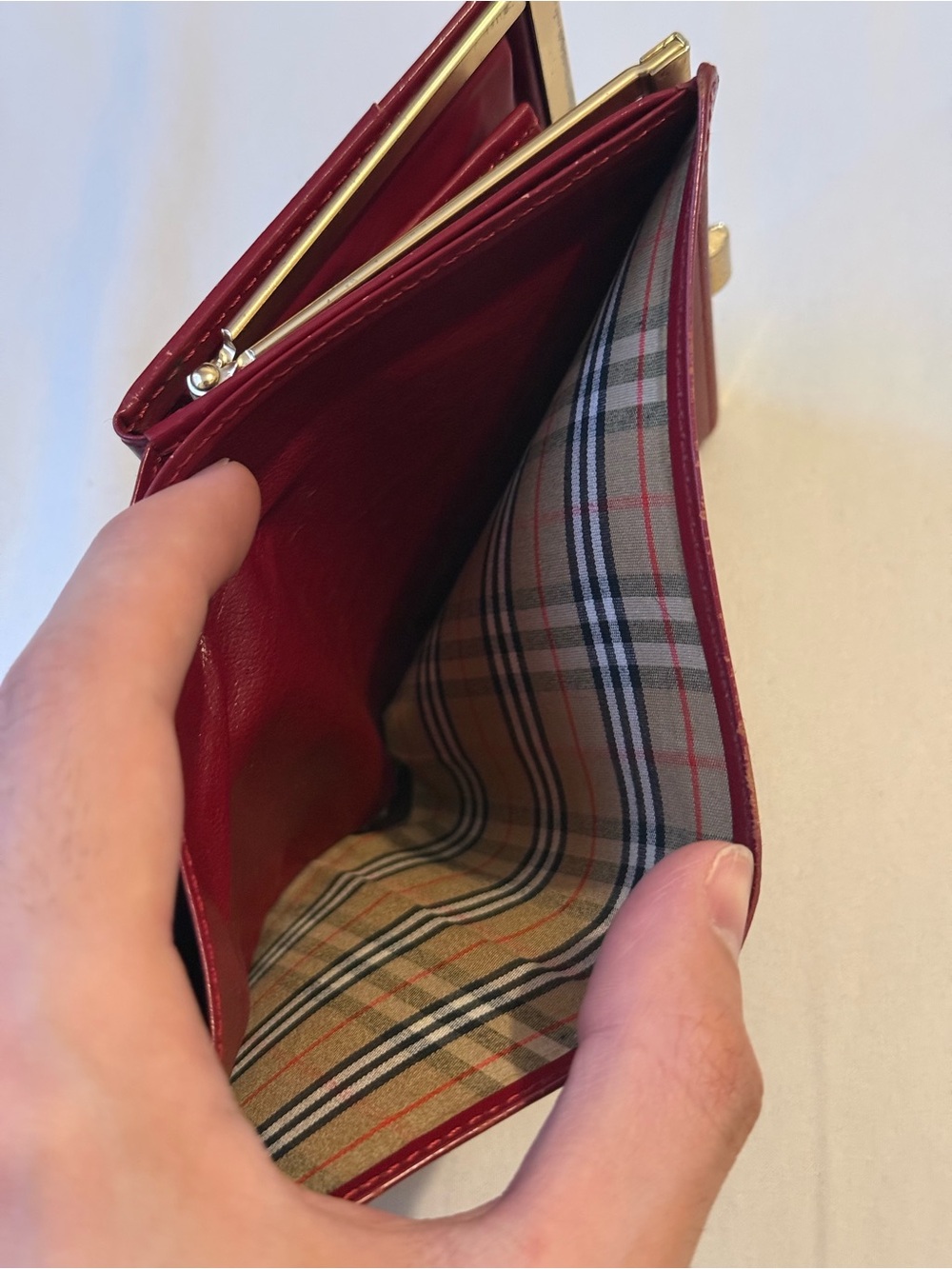 Burberry Red Leather Wallet with Check Trim and Gold-Tone Kiss Lock - Picture 6 of 7